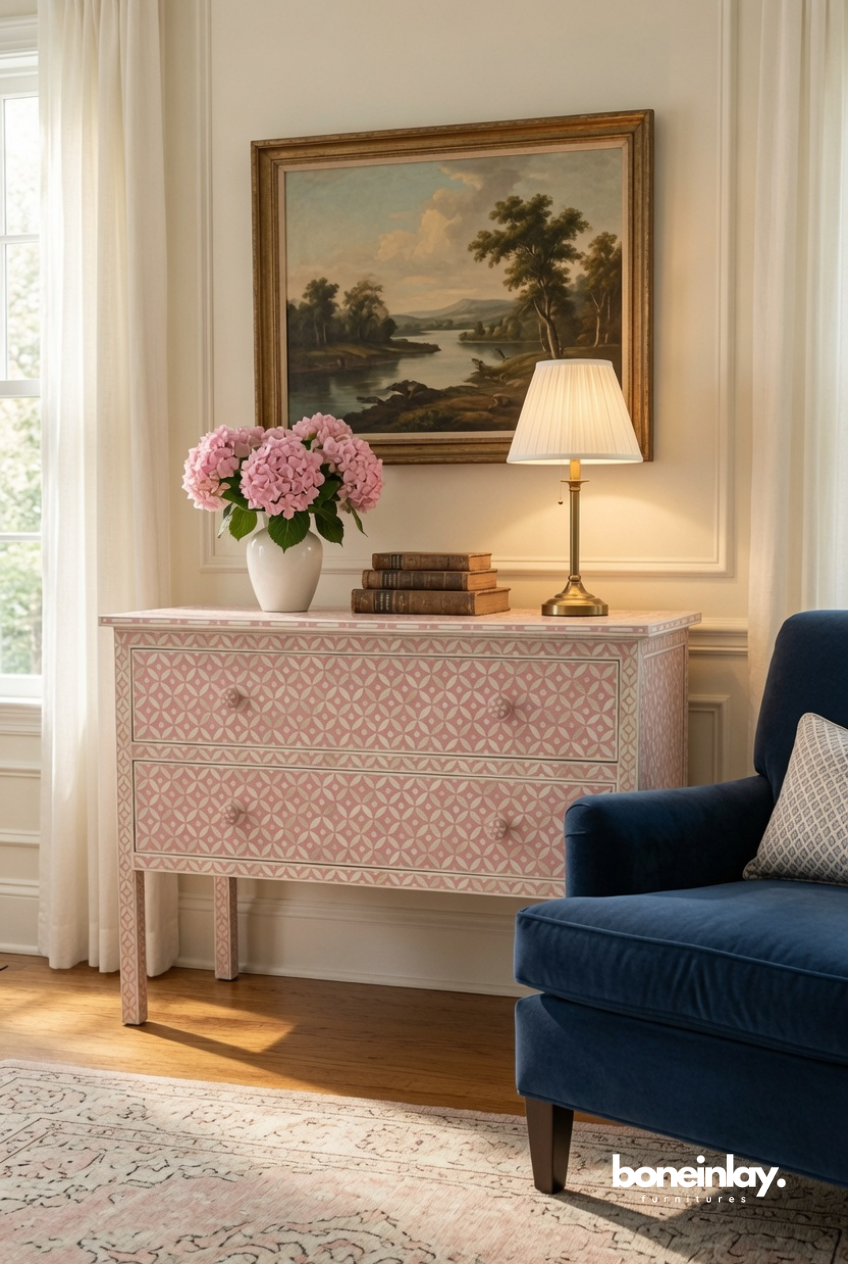 Ivory Bone Inlay Six Drawer Dresser with Brass Hardware Accents