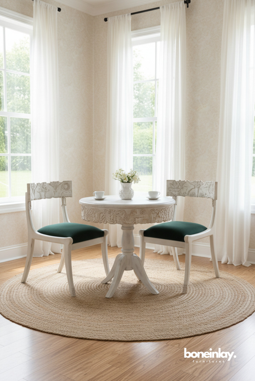 Artisan Hand-Carved White Dining Set - Solid Wood Menagerie Breakfast Suite