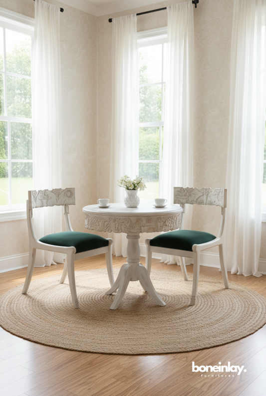 Artisan Hand-Carved White Dining Set - Solid Wood Menagerie Breakfast Suite