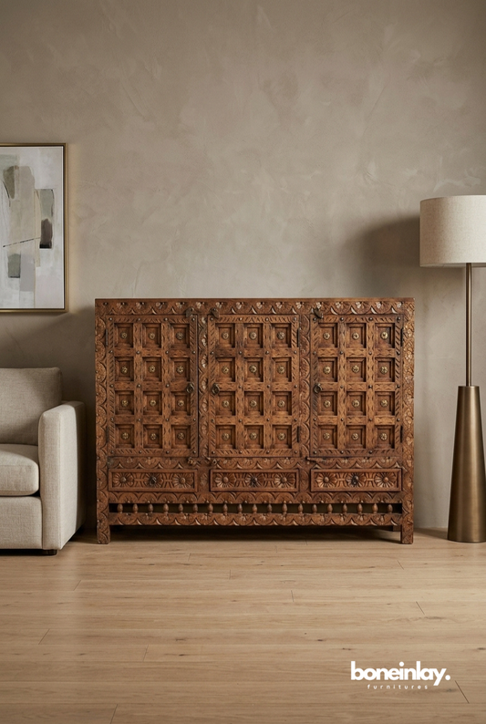 Vintage Turquoise Wooden Sideboard Cabinet with Embossed Metal Mandala Panels