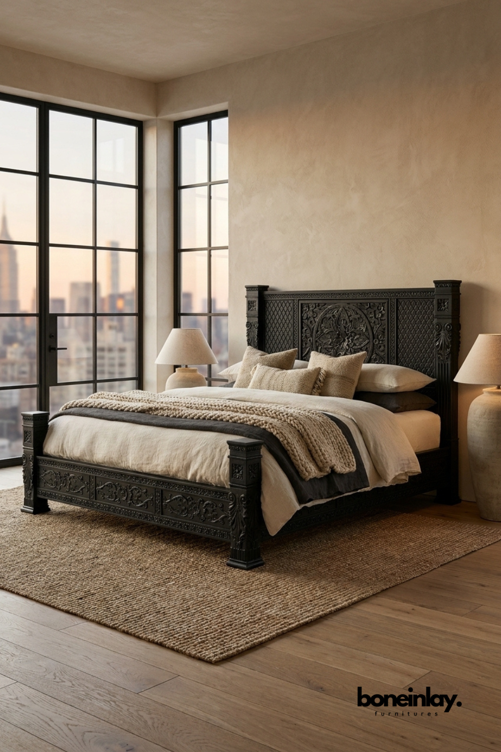 Black carved wood bed with detailed craftsmanship styled in a contemporary bedroom featuring oversized windows, warm neutral textiles, and a city skyline view.