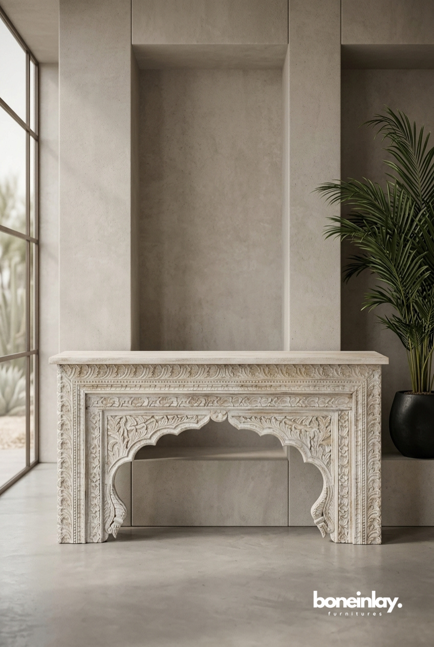 Vintage Moroccan Style Hand Carved Console Table with Ornamental Arch Detailing