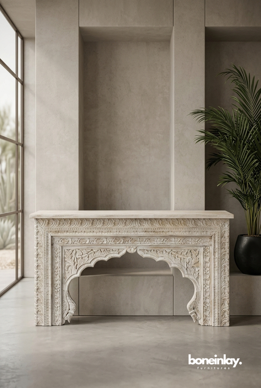 Vintage Moroccan Style Hand Carved Console Table with Ornamental Arch Detailing
