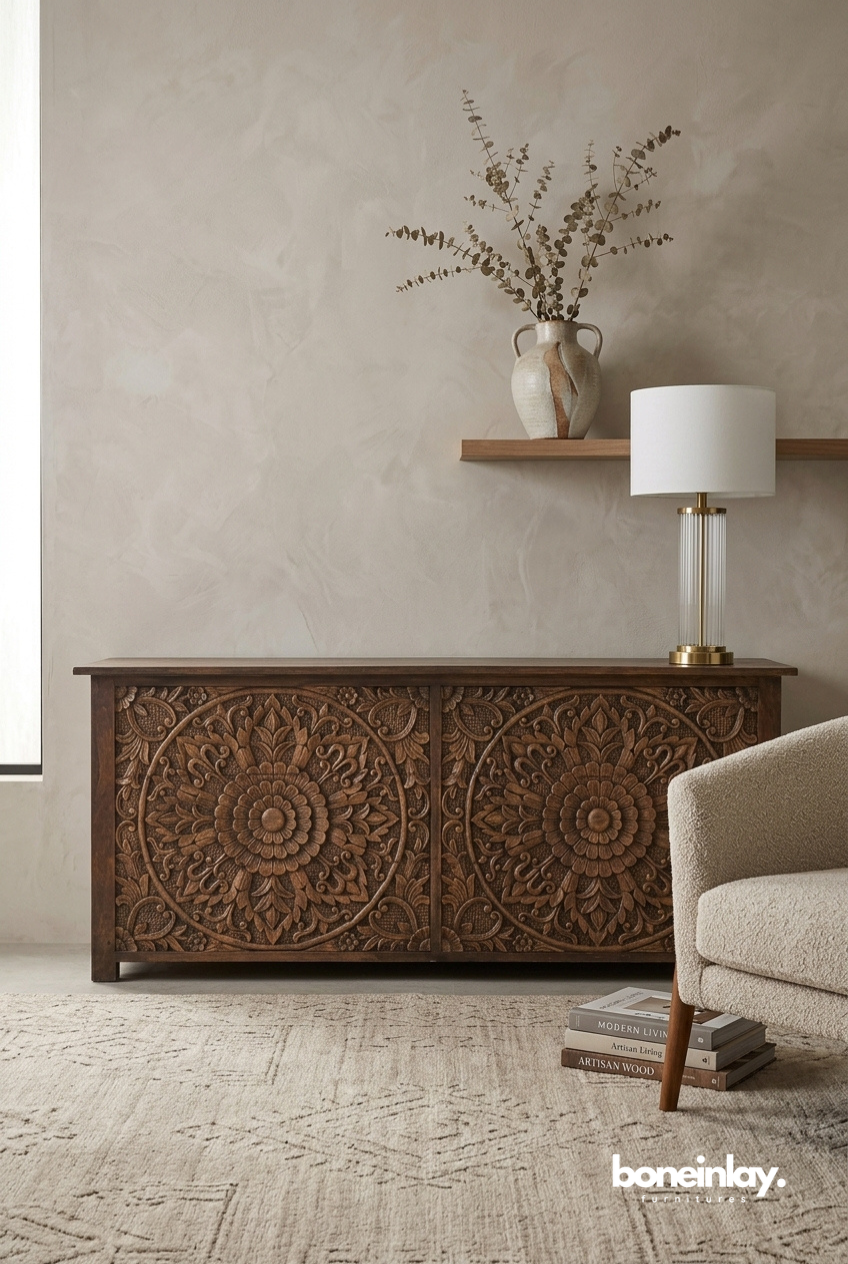 Hand Carved Wooden Hand-Carved Six-Drawers Dresser with Oversized Floral Medallion Design