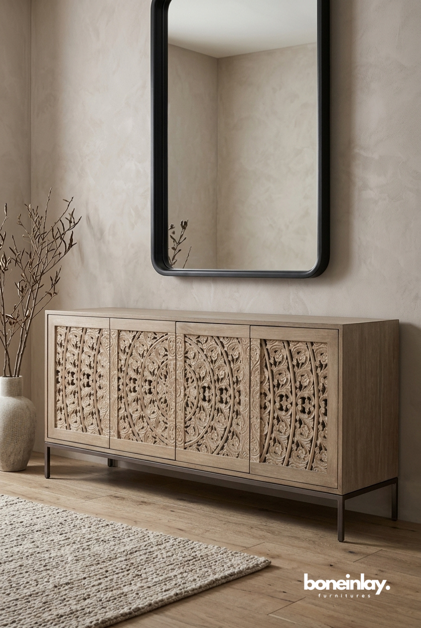 Modern Hand Carved Wooden Sideboard Cabinet with Metal Base