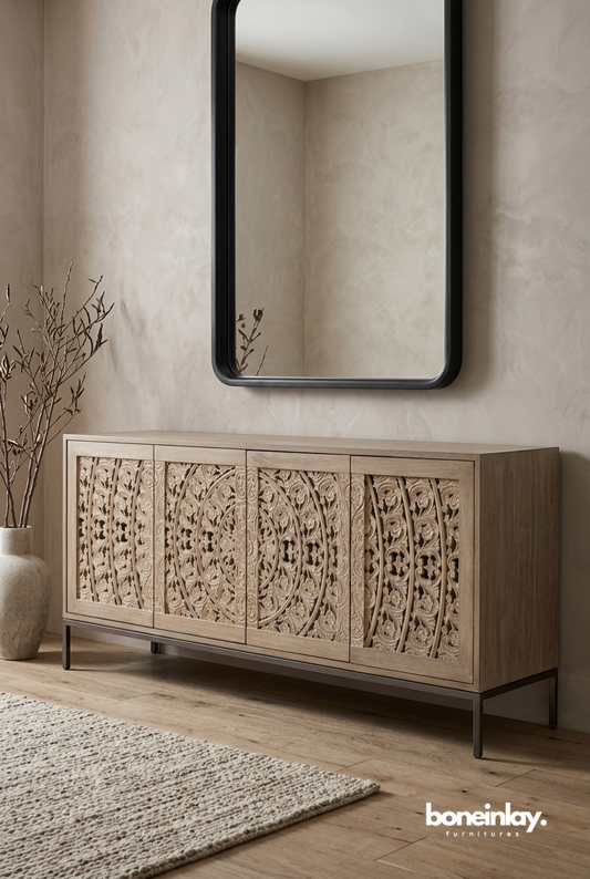 Modern Hand Carved Wooden Sideboard Cabinet with Metal Base