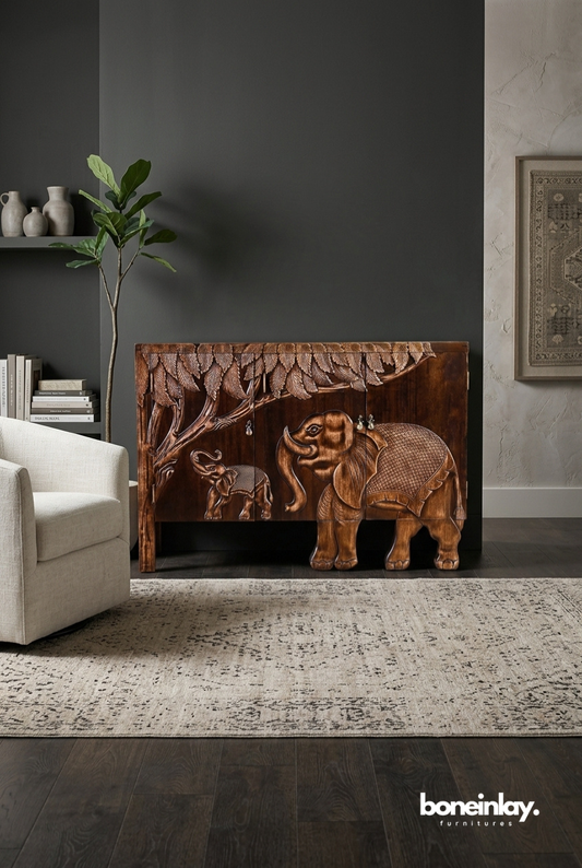 Rustic Hand Carved Elephant Wooden Sideboard Cabinet with Jungle Motif Design