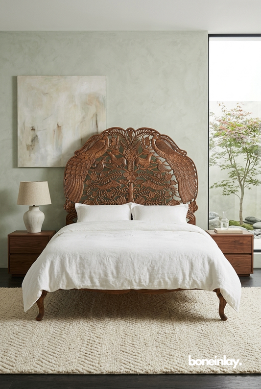 Hand Carved Peacock Headboard Platform Bed in Solid Walnut Wood