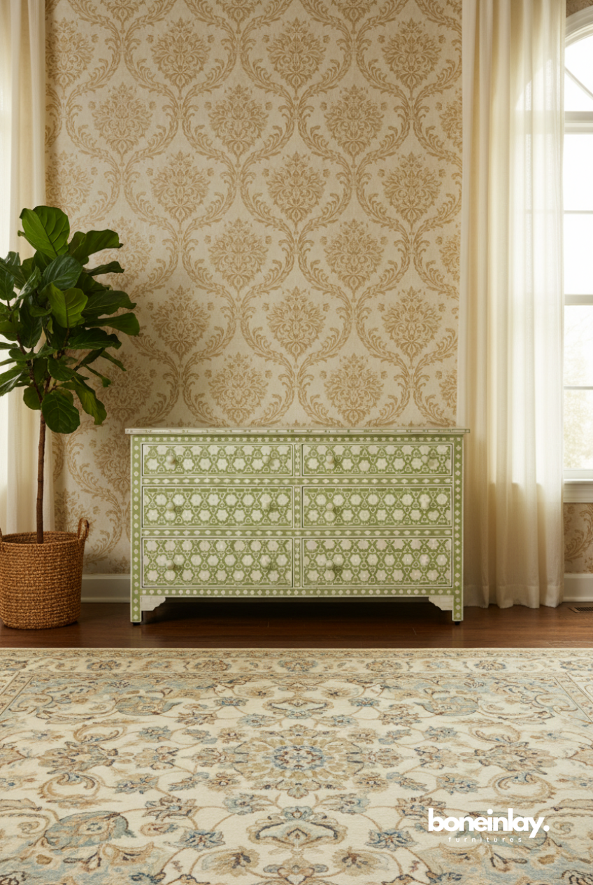 Floral Bone Inlay 6-Drawer Dresser in Sage Green