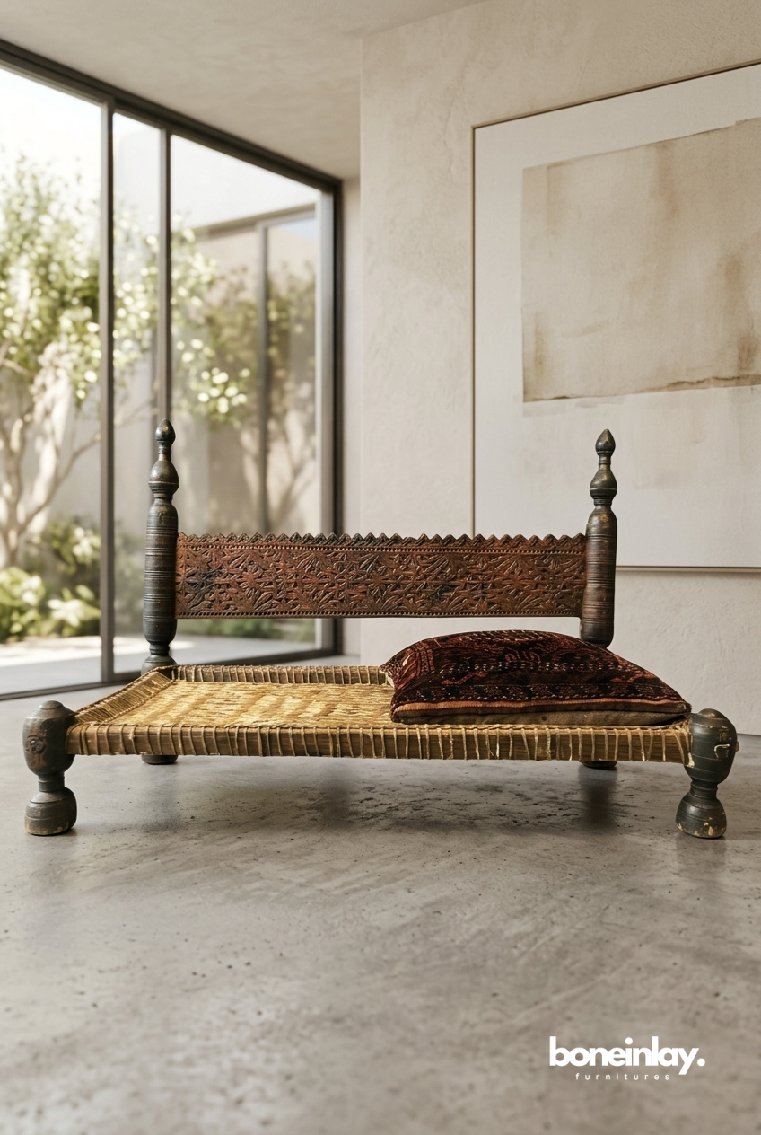 Traditional Handwoven Wooden Charpai Bench