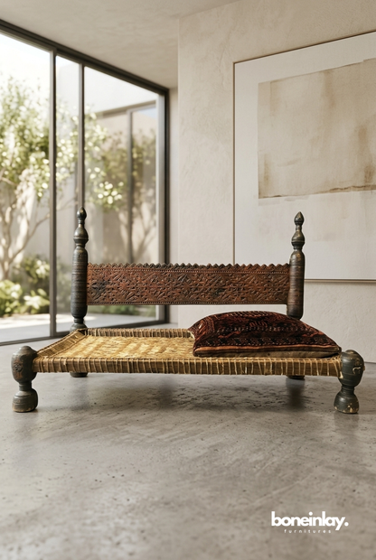 Traditional Handwoven Wooden Charpai Bench