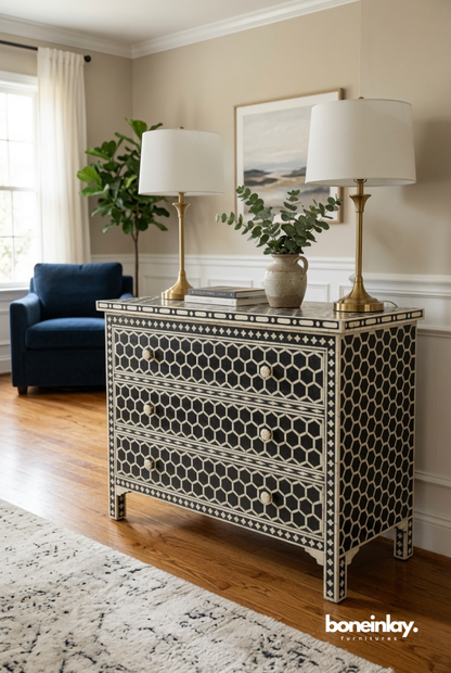 Black Honeycomb Bone Inlay Chest of Drawers for Modern Interiors