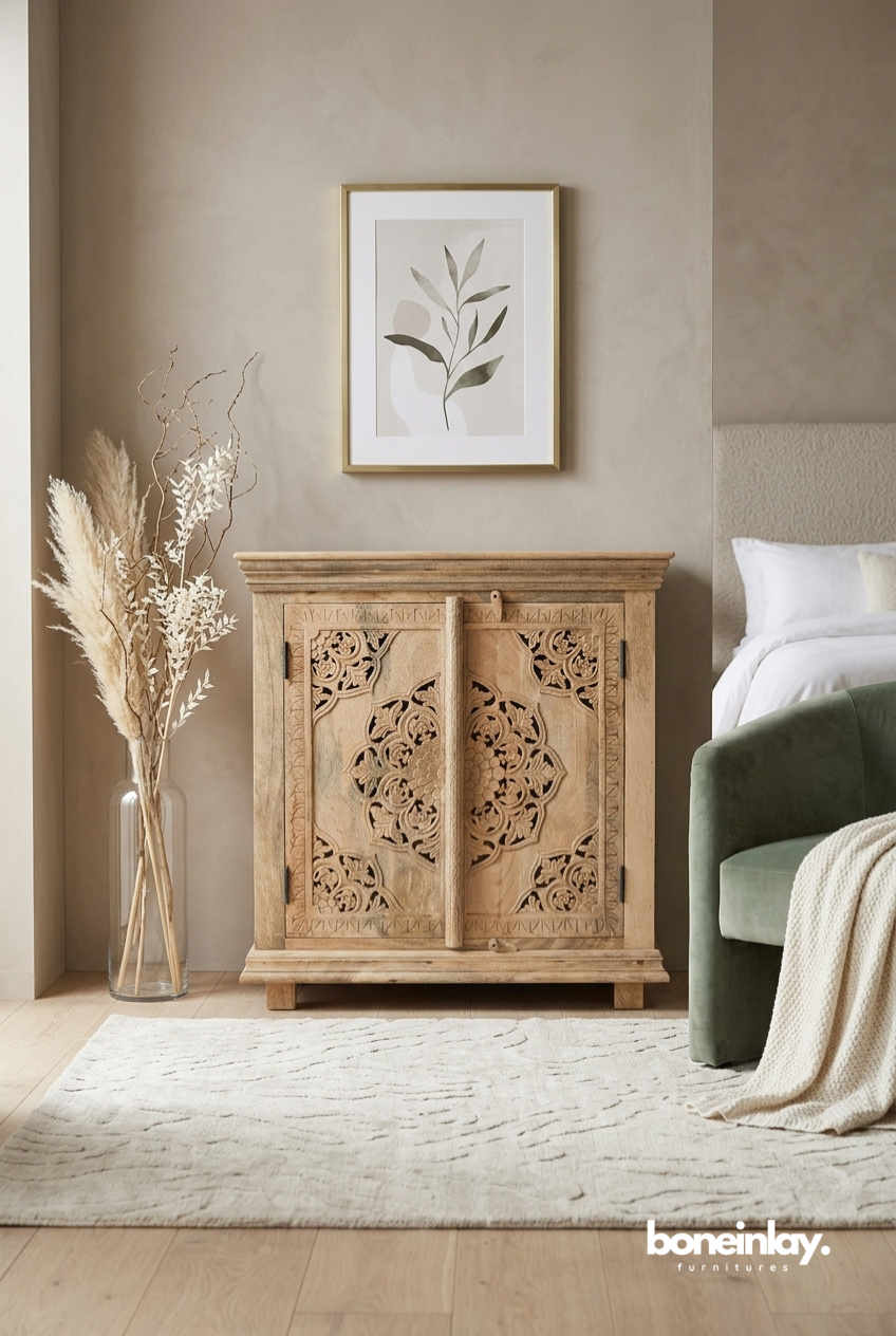 Bohemian Hand Carved Wooden Accent Cabinet with Floral Jali Doors