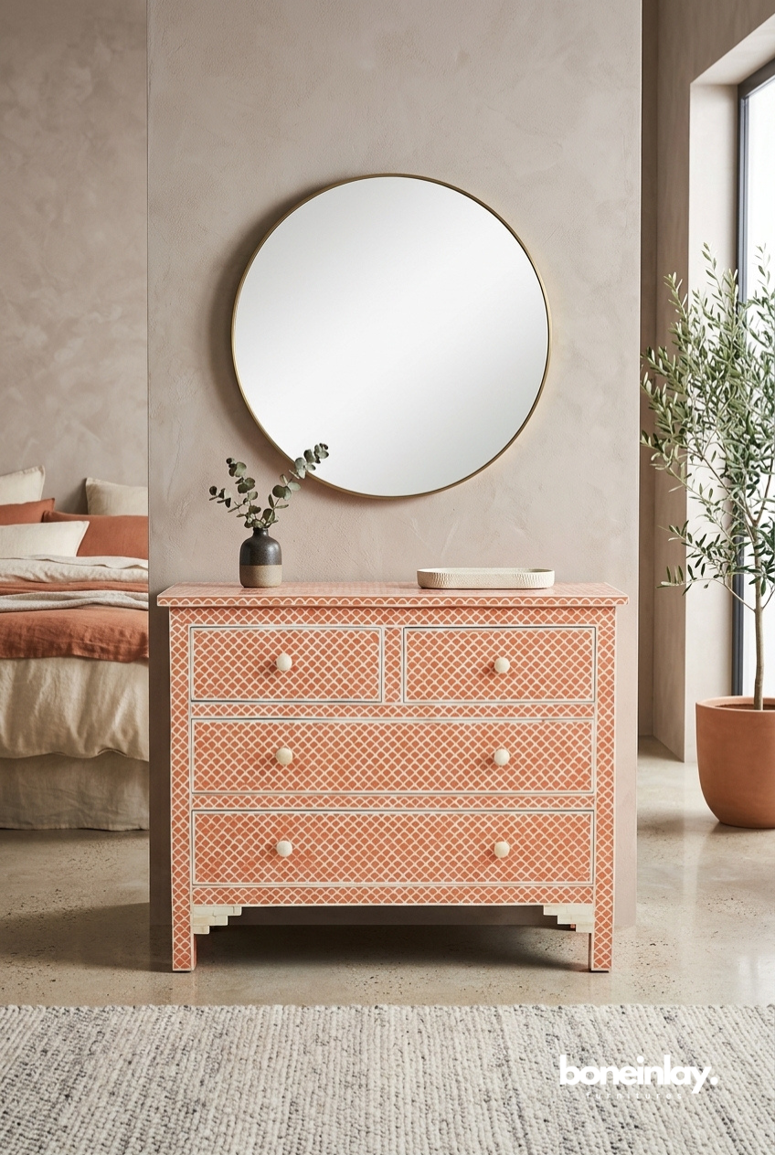 Pink Bone Inlay Chest of Drawers for Bedroom Storage