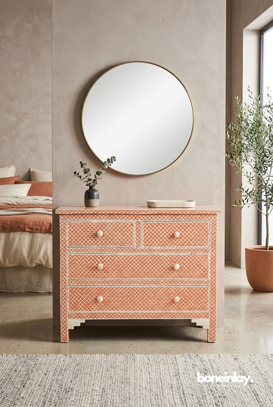Pink Bone Inlay Chest of Drawers for Bedroom Storage