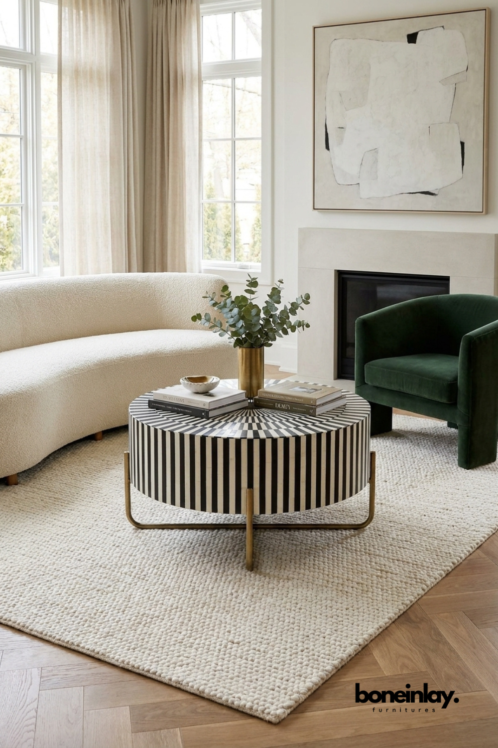 Round bone inlay coffee table with a modern black and white vertical striped pattern and a cross-leg brass base by Boneinlay Furnitures