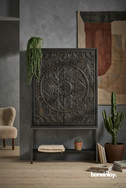 Dark Walnut Hand Carved Mandala Bar Cabinet with Metal Frame Base