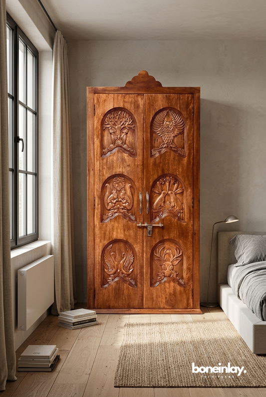 Hand Carved Menagerie Armoire – Solid Wood, Kitchen Pantry or Bedroom Storage