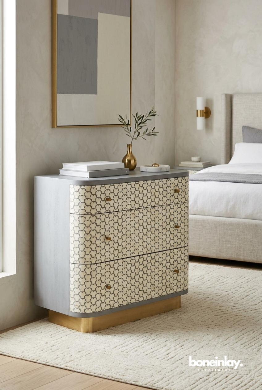Modern Grey Bone Inlay Bedside Chest with Geometric Pattern