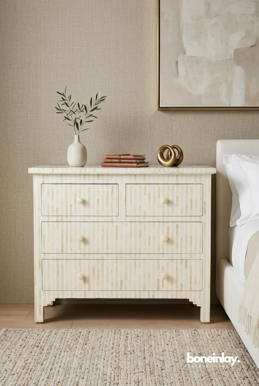 White Bone Inlay 4 Drawer Dresser Chest for Bedroom