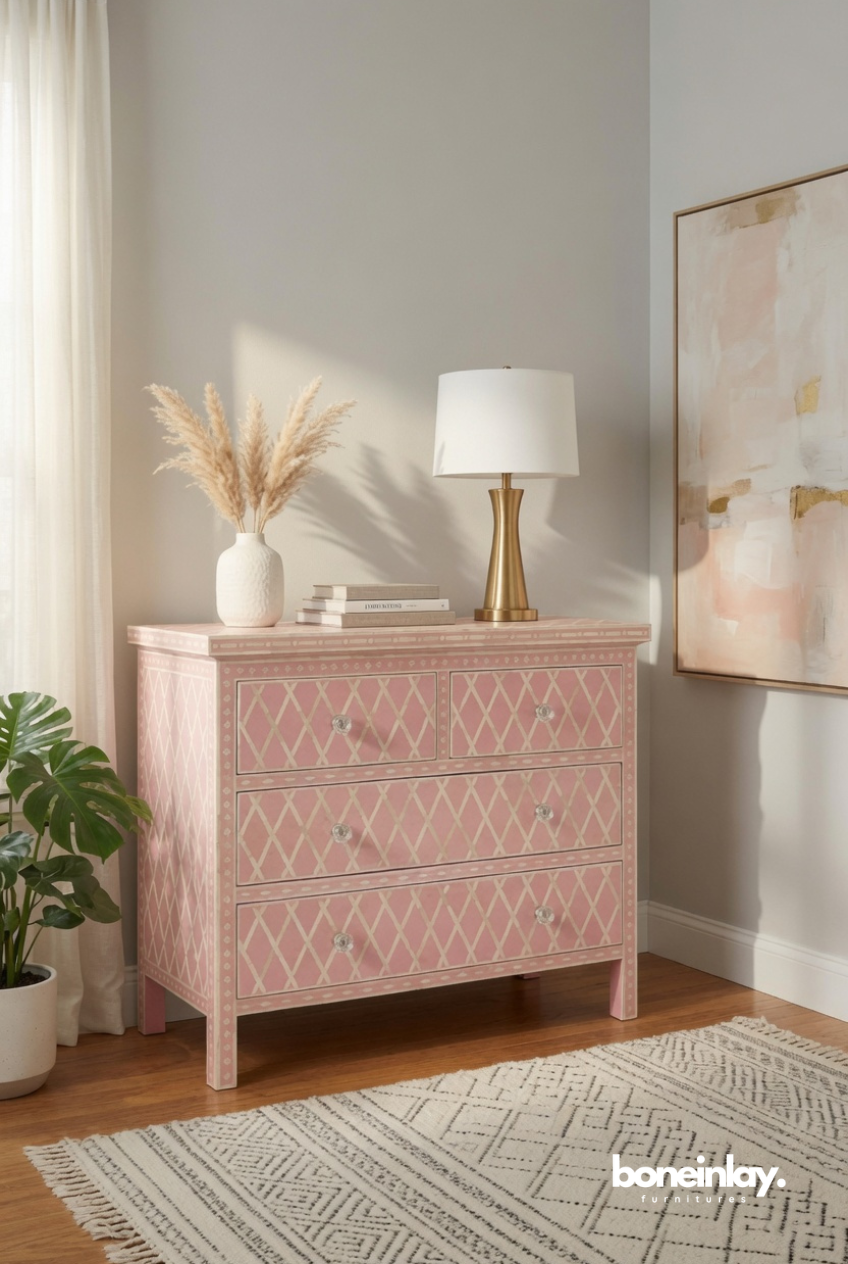 Pink Diamond Pattern Bone Inlay Chest of Drawers Handmade in India