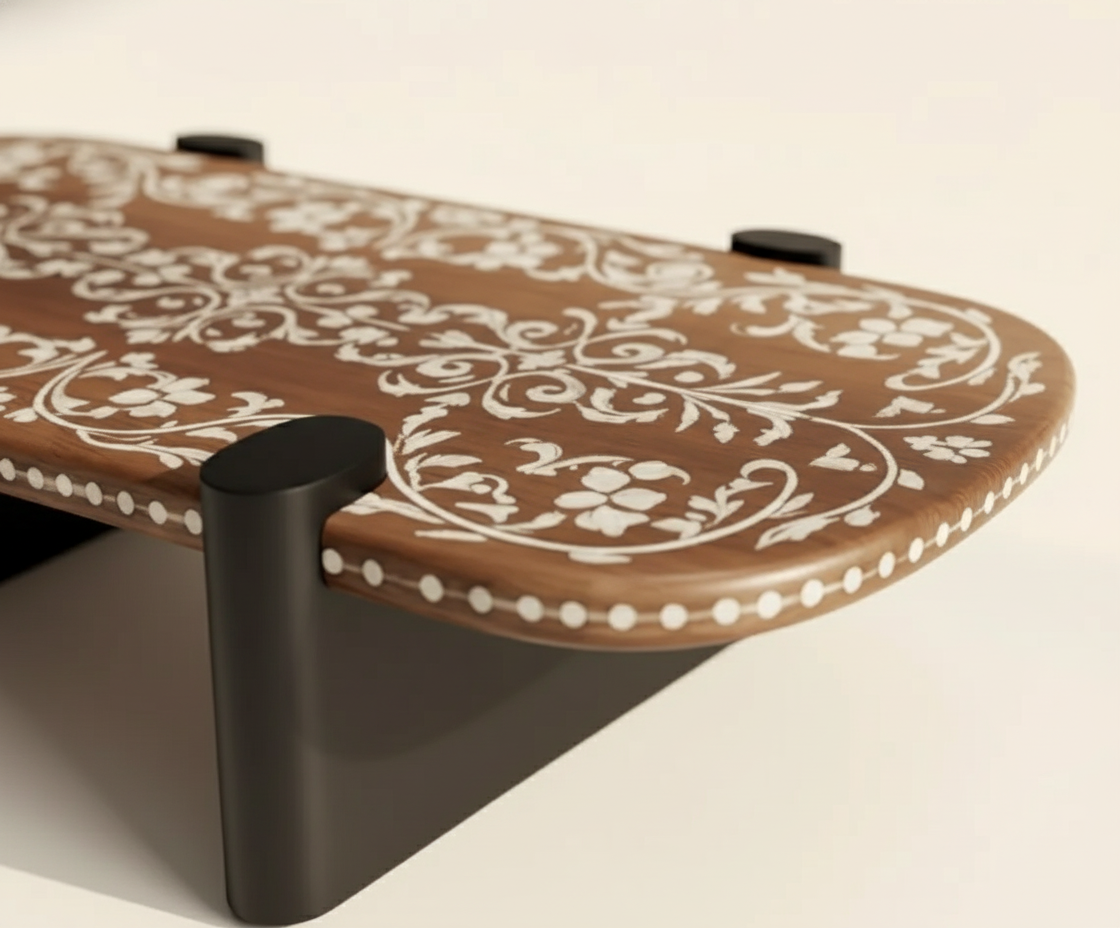 Handmade Wood Inlay Floral Coffee Table