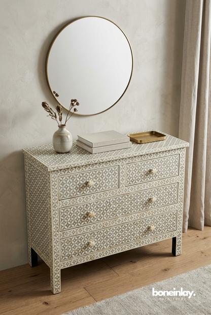 Grey Geometric Bone Inlay Chest of  Four Drawers 
