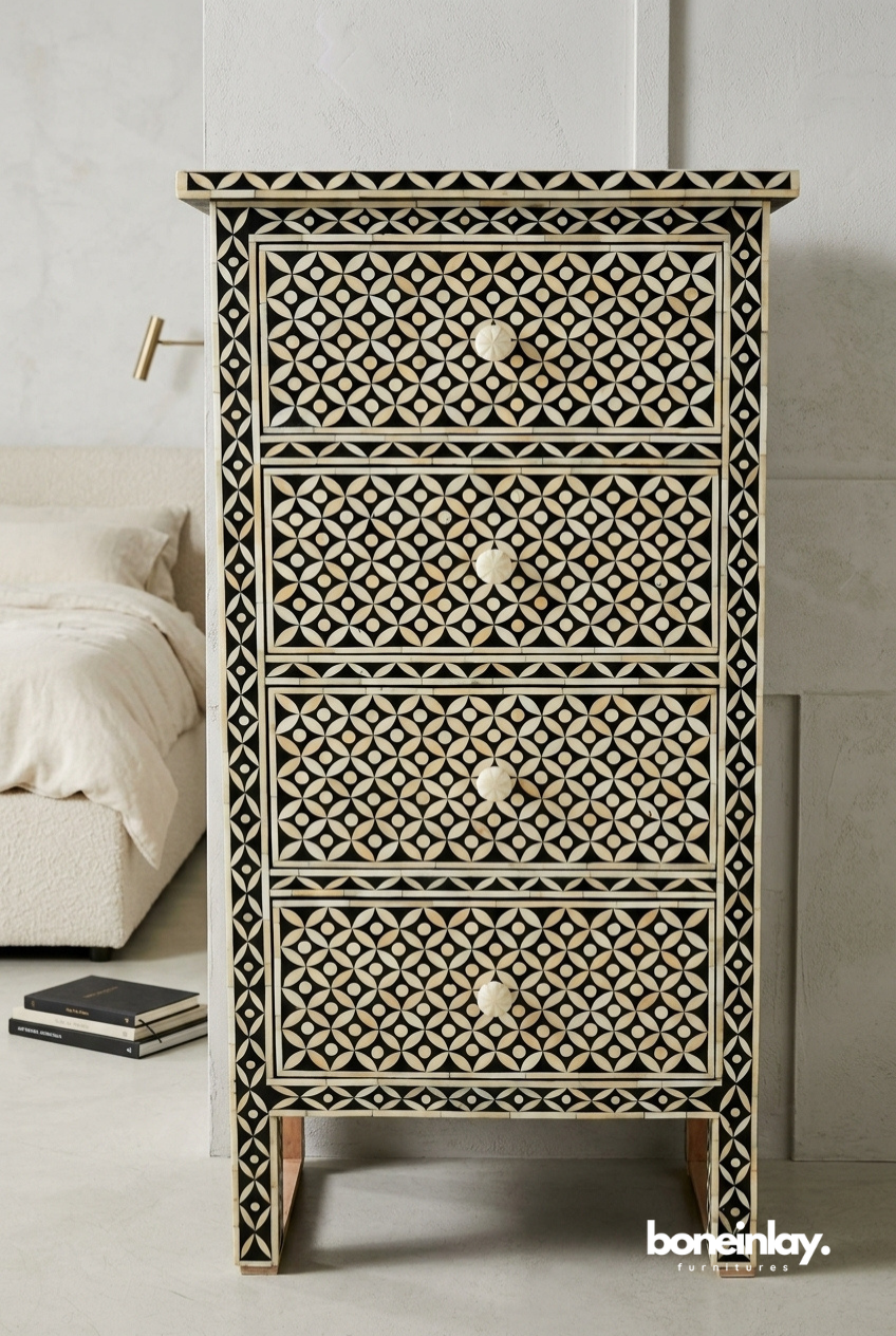 Black and Ivory Geometric Bone Inlay Tallboy Chest with Four Spacious Drawers