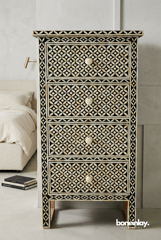 Black and Ivory Geometric Bone Inlay Tallboy Chest with Four Spacious Drawers
