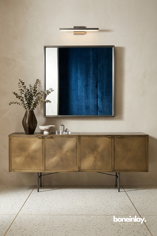 Modern Bronze Finish Sideboard Cabinet with Textured Starburst Door Panels and Sleek Metal Legs