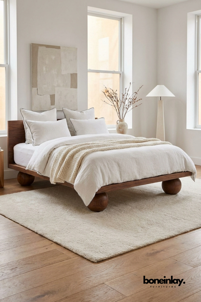 Minimalist low-profile wooden platform bed featuring large spherical ball legs, styled with clean white linen bedding, a cream throw blanket, and a plush beige rug.