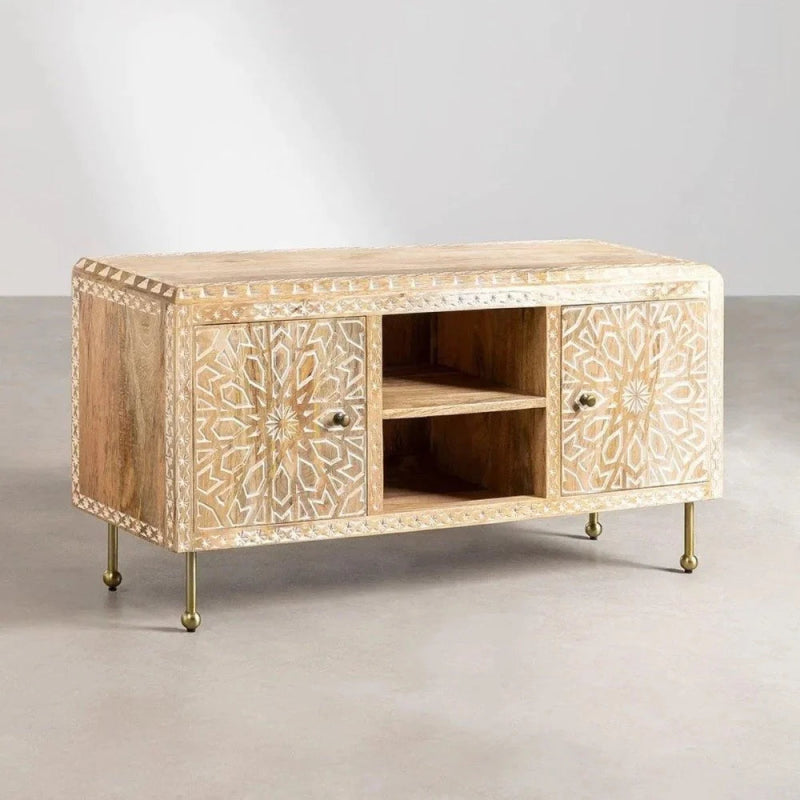 Albaron light wood media console with an open center shelf and cabinet doors, shown from the front at an angle.