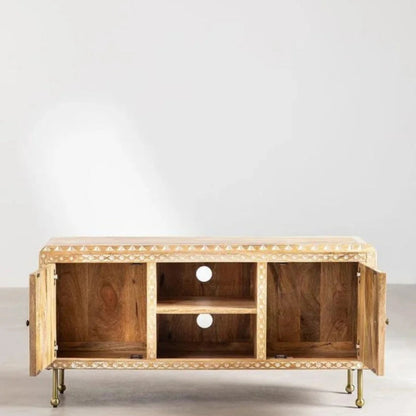 Albaron low media unit with open center compartments and storage on either side, shown in a straight-on front view.