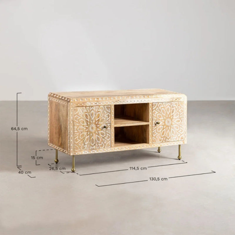 Albaron TV cabinet in light wood with a central open shelf and closed storage, shown in a straight-on front view.
