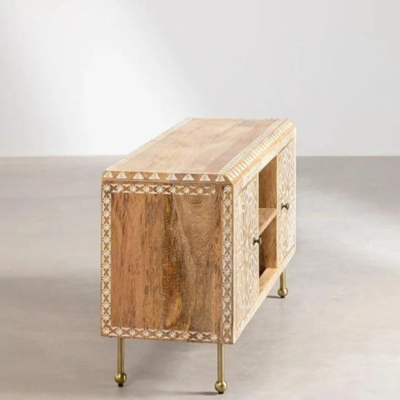 Albaron wood entertainment center showing its cabinet depth and open shelving, photographed in a side profile view.