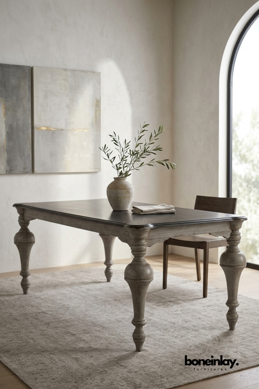 Rectangular dining table with a dark tabletop and weathered wood base.
Bold hand-turned legs give it a traditional, sculptural silhouette.
Carved apron detailing adds texture along the table's edge.
Styled with a stone vase and dining chair in a sunlit room.