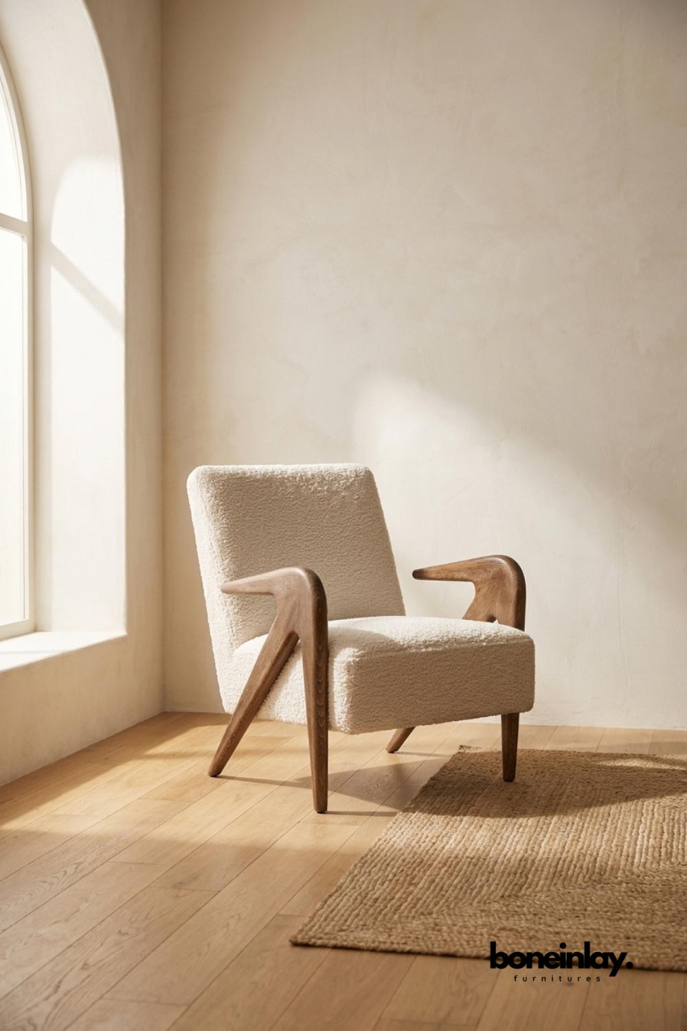 Cream boucle accent chair with a soft textured upholstery.
Angular, sculptural walnut wood arms frame the seat and back.
Tapered wood legs add a retro mid-century silhouette.
Photographed against a warm plaster wall with soft natural light.