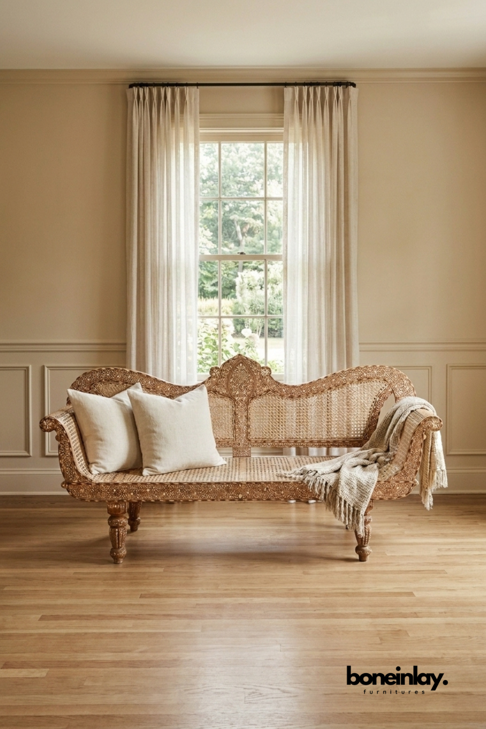 Handcrafted Natural Cane Wood Daybed Sofa with Intricately Carved Frame and Woven Rattan Backrest
