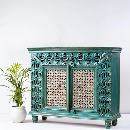 Indian Handmade Floral Carved Sideboard Cabinet