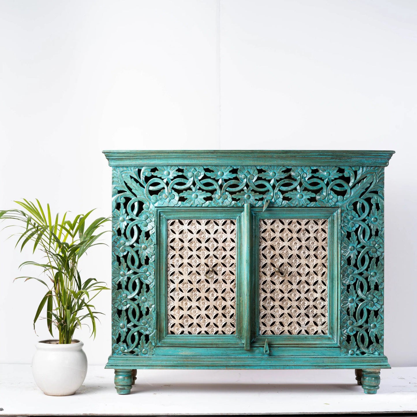 Indian Handmade Floral Carved Sideboard Cabinet