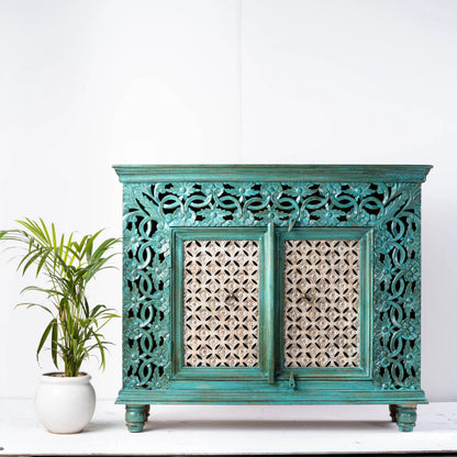 Indian Handmade Floral Carved Sideboard Cabinet