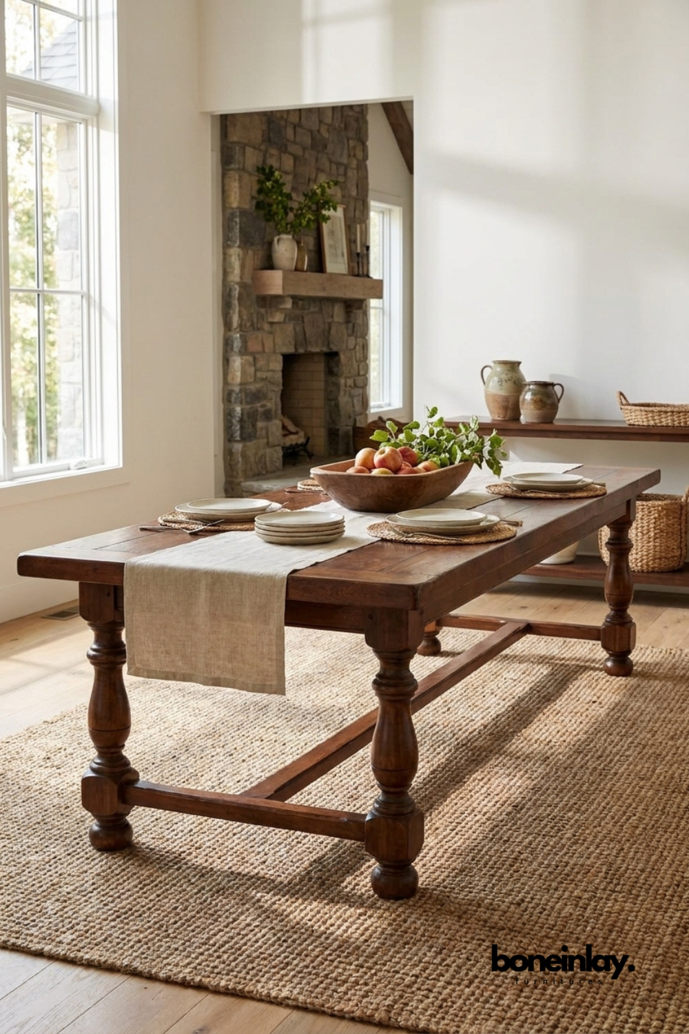 Handcrafted solid wood farmhouse dining table with turned legs, rustic finish, spacious tabletop, and timeless dining room furniture design.