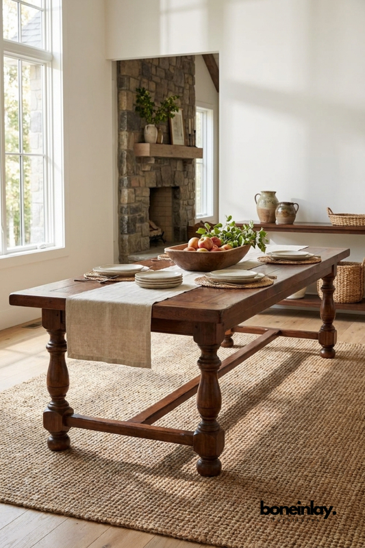 Handcrafted solid wood farmhouse dining table with turned legs, rustic finish, spacious tabletop, and timeless dining room furniture design.