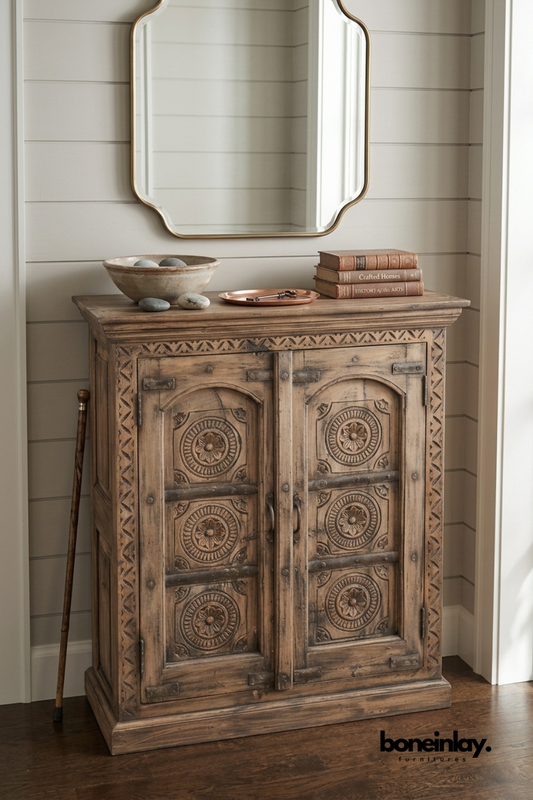 Rustic Hand Carved Wooden Accent Cabinet with Storage, Vintage Farmhouse Console Cabinet, Solid Wood Entryway Furniture