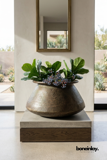 Large Hammered Metal Decorative Planter Bowl with Greenery, Modern Entryway Centerpiece Vase, Luxury Indoor Floor Planter for Contemporary Home Decor