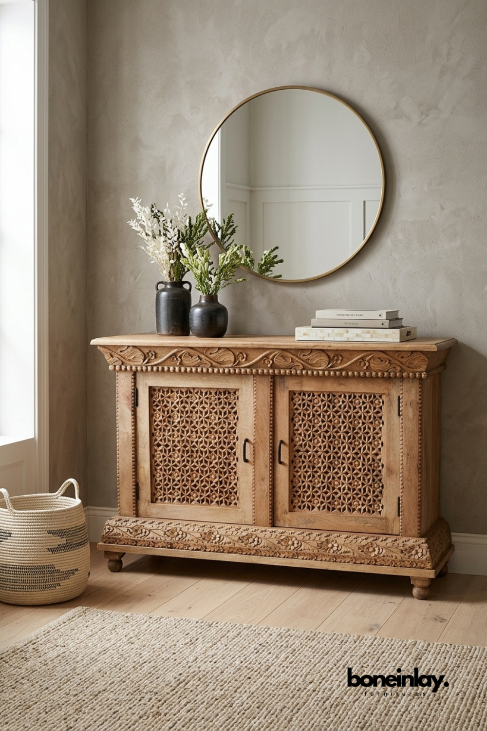 Hand carved solid wood cabinet with geometric lattice doors, decorative carved trim, and natural finish for living room or entryway storage.