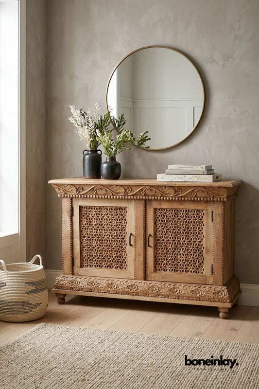 Hand carved solid wood cabinet with geometric lattice doors, decorative carved trim, and natural finish for living room or entryway storage.