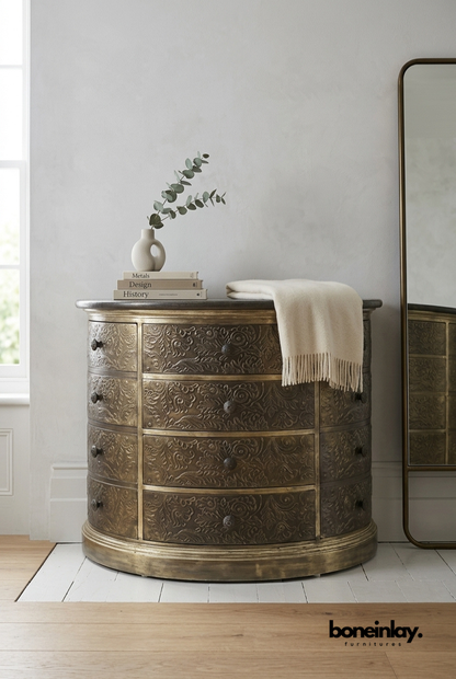 Antique Brass Embossed Curved Chest of Drawers with Floral Detailing