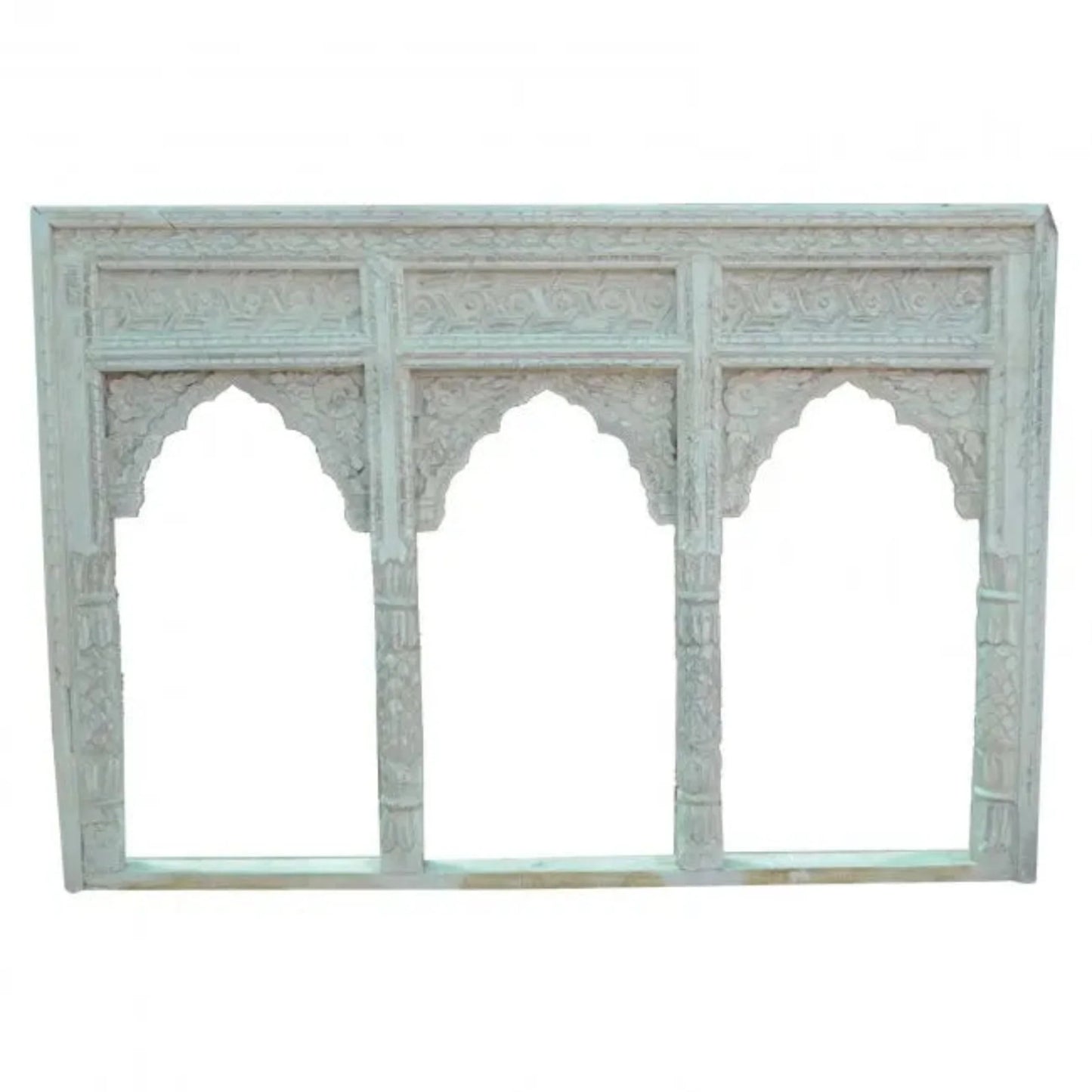 Hand-carved solid wood triple arch Indian Jharokha frame in distressed white wash finish with intricate floral carvings.