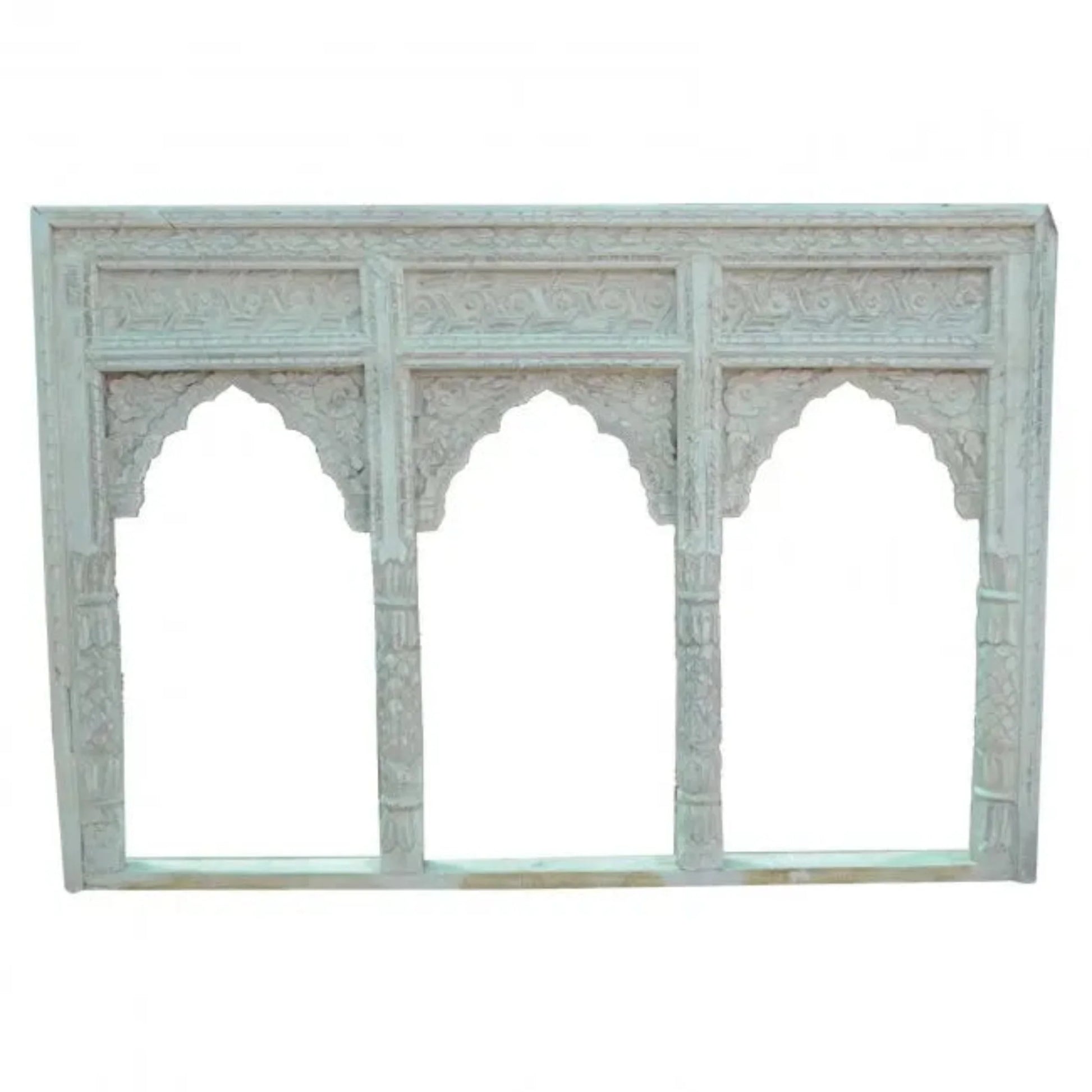 Hand-carved solid wood triple arch Indian Jharokha frame in distressed white wash finish with intricate floral carvings.